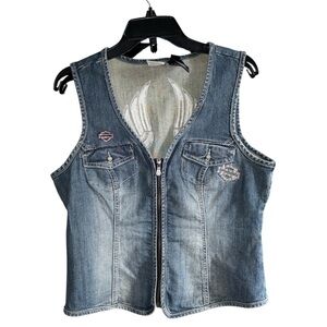 HARLEY DAVIDSON WOMENS DENIM JEAN ANGEL WING RHINESTONE VEST JACKET SZ LARGE